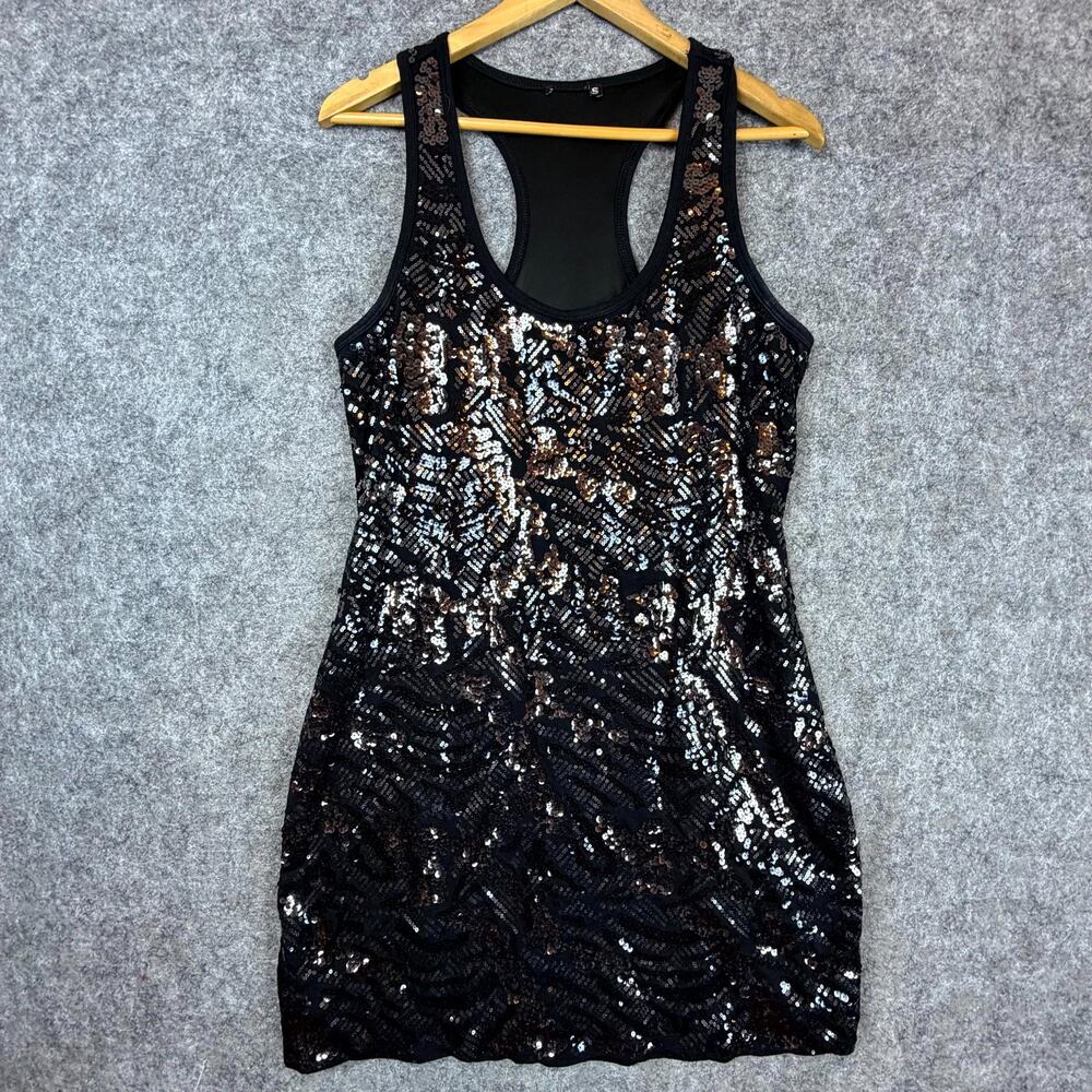 Womens Bling Dress Small Black Sequin Sparkle LBD‎ NYE Party Racerback